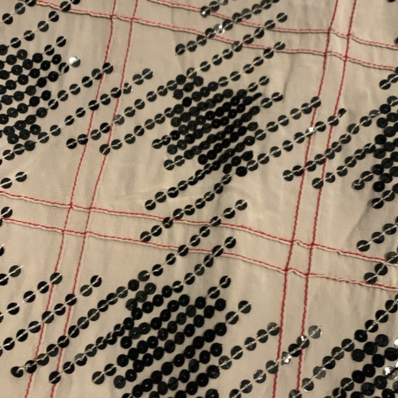 Vintage Cream Button Up Blouse with Red Grid + Black Sequin Pattern Size XL - Picture 6 of 8